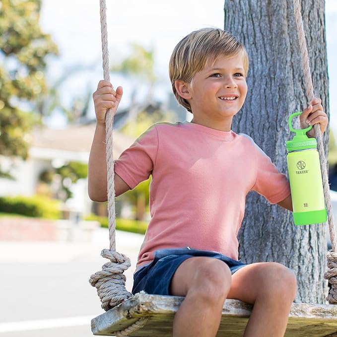 Takeya Actives Kids Water Bottle 18 oz Stainless Steel Double Wall Insulation BPA-Free Leakproof Straw Lid Easy Carry Handle Reusable Ideal for Boys and Girls, School, Sports - Lightning Green