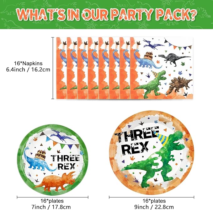 WERNNSAI Watercolor Dinosaur Party Supplies - 48 Pcs Dinosaur 3rd Birthday Party Tableware Bundles for Boys Kids Three Rex Disposable Plates and Napkins Dino Theme Party Decorations Serves 16 Guests