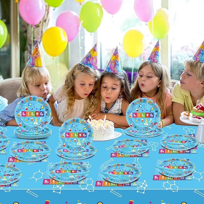 chiazllta Science Party Supplies Tableware Set for 20 Guests Little Scientist Party Birthday Plates Laboratory Decorations Includes 7inch Plates, Napkins, Tablecloth Favor