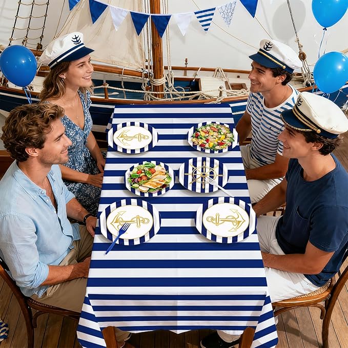98 Pcs Nautical Party Supplies Sailing Decoration Plates and Napkins White and Blue Tableware Set for Boy Birthday Baby Shower Nautical Theme Celebrations Serves 24