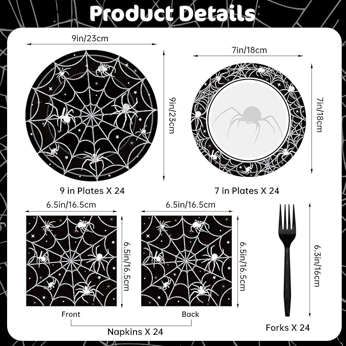 96 Pcs Halloween Plates and Napkins Set - Black Spider Webs Dinner Dessert Paper Plates Cocktail Napkins Forks Disposable Tableware for Spiderweb Halloween Party Decorations Supplies Favors, Serve 24