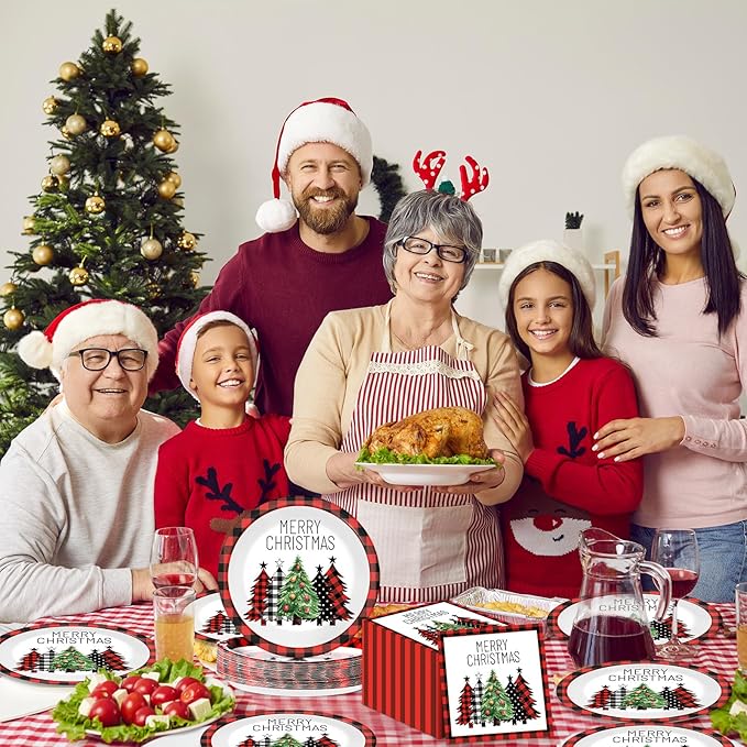 50Pcs Christmas Buffalo Plaid Tree Paper Plates and Napkins Red and Black Checkered Table Decoration Merry Christmas Disposable Party Tableware Set Serves 25 Guest Winter Xmas Holiday Party Supplies