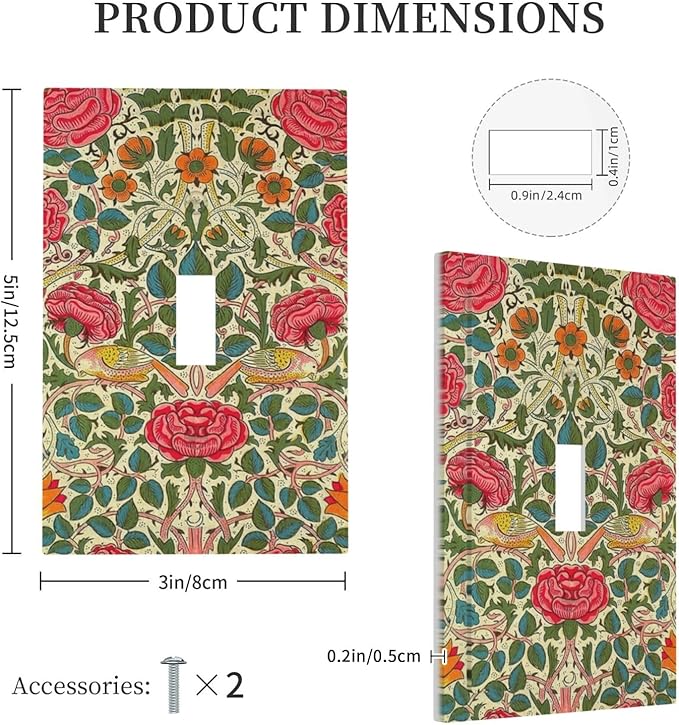 William Morris Roses Floral 1 Gang Light Switch Cover Single Toggle Wall Plate VintageTulip Flower Plant Bird Decorative Electrical Switchplate Covers for Country Bedroom Home Decor