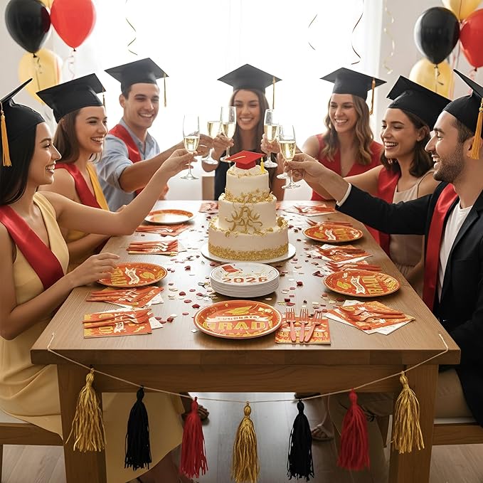 Graduation Plates and Napkins Party Supplies 2026 Graduation Decorations for 24,Orange Disposable Grad Plates Class of 2026 Dessert Plates Napkins,Tablecloth,Forks,for Congrats Grad Party Decorations