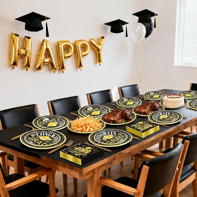 192Pcs 2026 Graduation Plates and Napkins for 48 Guests, Black and Gold Congrats Grad Party Supplies, Class of 2026 Disposable Paper Plates Napkins Set for Graduation Party Decorations