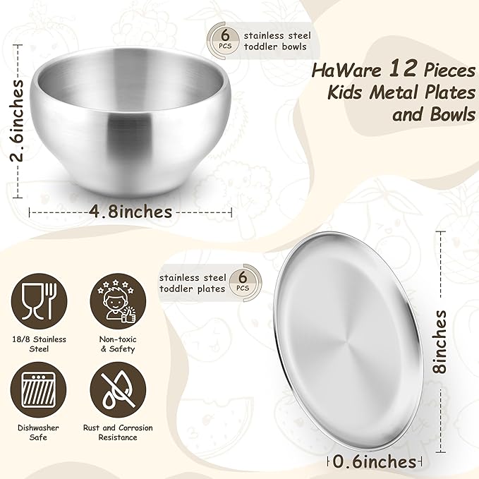 HaWare Kids Plates and Bowls, 12 Pieces Stainless Steel Dish Set, Reusable Dinnerware for Camping, Hiking, Travel, Picnic, Non-toxic Tableware set for Kids Self-feeding, Dishwasher Safe