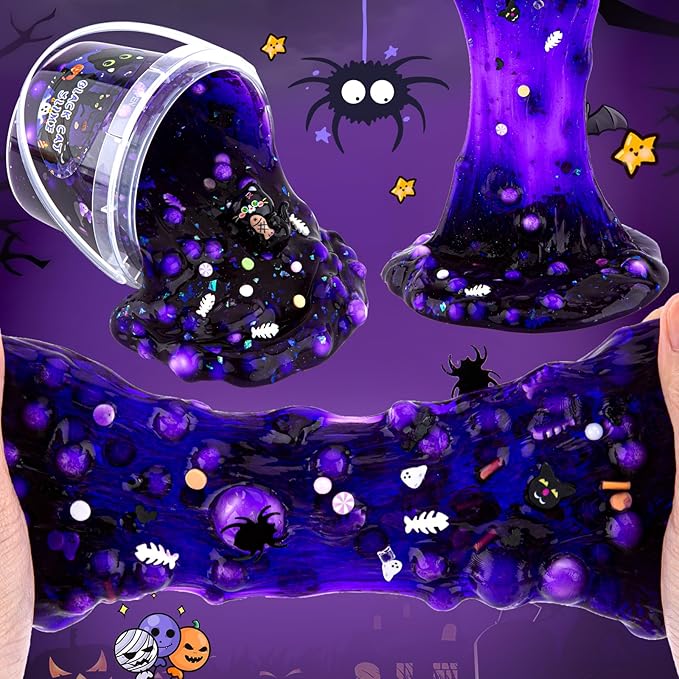LAWOHO 300ml Black Cat Slime Kit with Clay, Purple Clear Slime Bucket for Girls & Boys with 9 Packs Cat Add-Ins for Kids Slime Toys, Non Stick Slime Making Kit for Birthday Halloween Christmas Easter