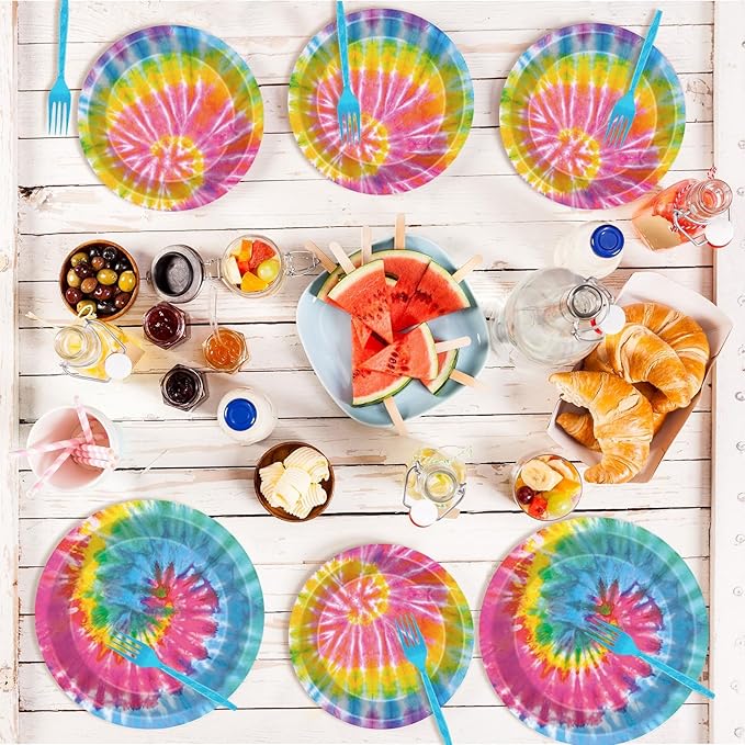 Qyeahkj 25 Guests Tie-Dye Party Supplies, Tie-Dye Party Plates Napkins Forks Set for Tie-Dye Birthday Party Decorations Boys Tie-Dye Birthday Party Supplies Favors (QY0103)