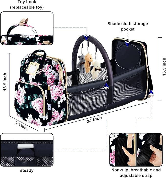 GurZinn Diaper Bag Backpack Waterproof Baby Bag Large Capacity Multifunction Nappy Bags Floral Insulated Durable Travel Maternity Back Pack with Changing Station for Baby （Black）