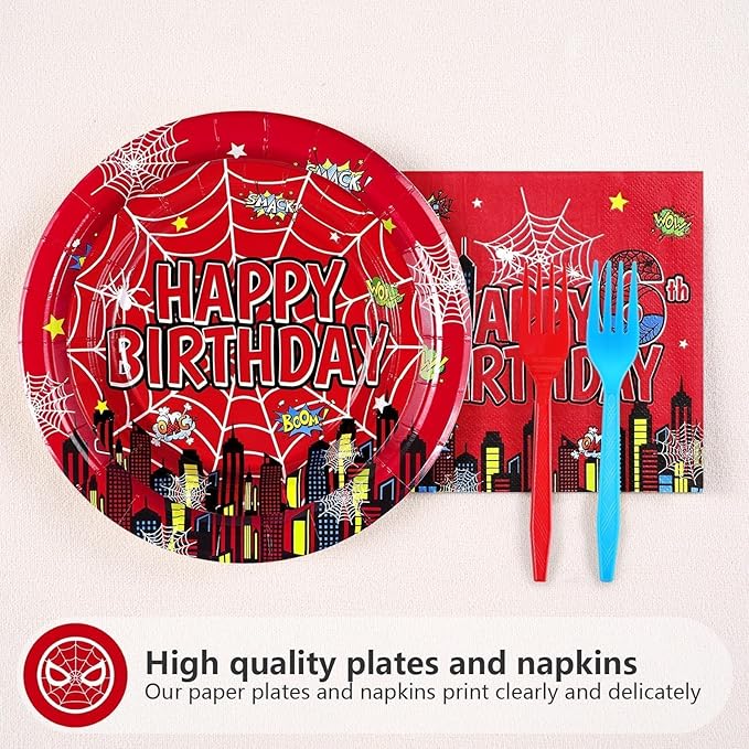 Grencian 96Pcs Cartoon Spider 6th Birthday Party Decorations Red Blue Spider Birthday Party Plates and Napkins Disposable Super Theme Tableware Set for 6 Year Old Boys Party Decorations Serves 24