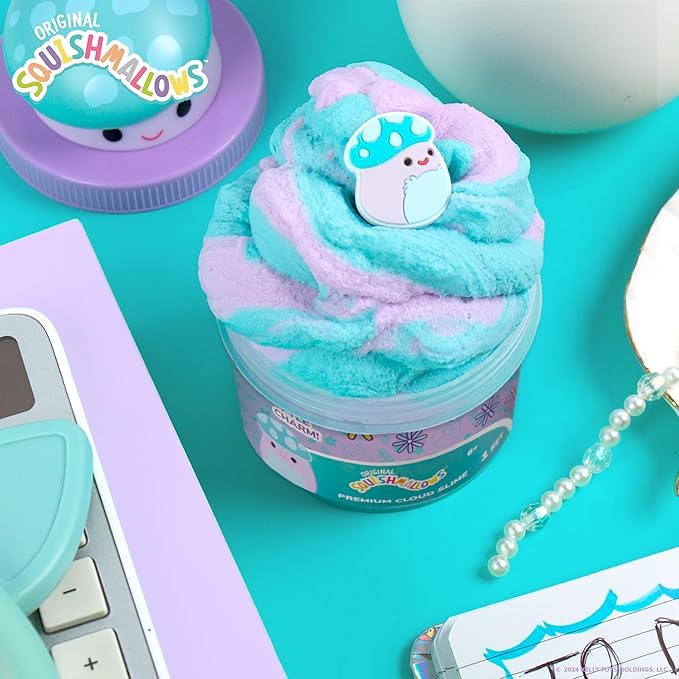 Original Squishmallows Pyle The Mushroom Premium Cloud Slime, Grape Scent, 8 oz. Jar Storage Container with Figurine Topper, Rubber Charm, Goodie Bags Stuffers, Kids Party Favors, Sensory Toys