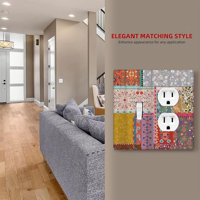 Decorative Outlet Covers Boho Patchwork Bohemian Stitching Colorful Floral 2 Gang Wall Plate Single Toggle Duplex Light Switch Cover Switch Plate Covers Faceplate for Bedroom Decor