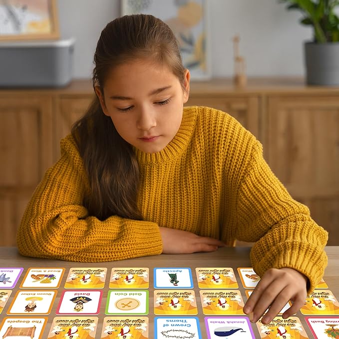 72 (36 Pairs) Bible Trivia Memory Matching Game with Poster and Online Trivia Language Learning Games for ESL and Language Immersion