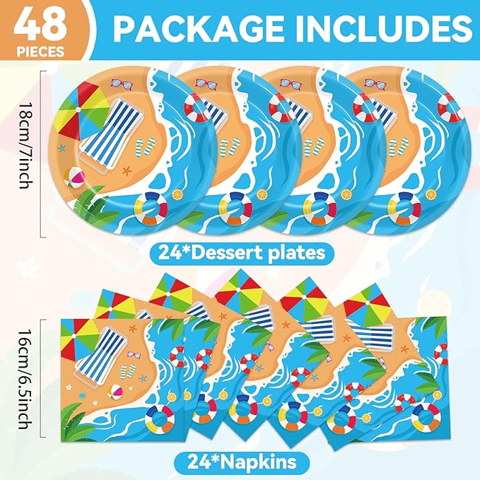 Qyeahkj 48Pcs Summer Beach Paper Plates and Napkins, Hawaiian Beach Theme Party Decorations, Hawaiian Pool Party Supplies, Summer Platters Disposable Tableware for Baby Shower Boys Girls Serves 24