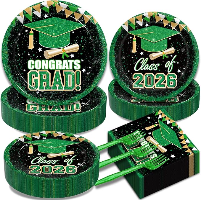 Kepeel 200Pcs 2026 Graduation Party Tableware Set, Green Gold Class of 2026 Party Decorations Supplies for Boys Girls Congratulate Graduation Disposable Paper Napkins Forks Favors, Serve 50