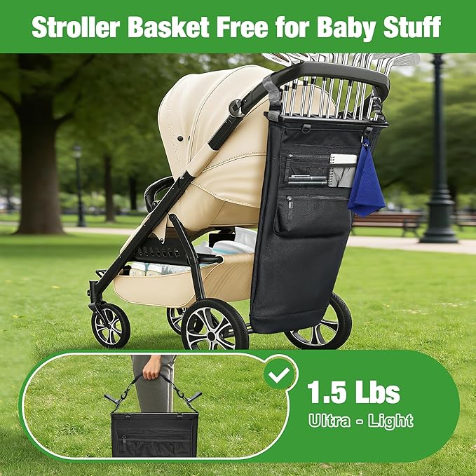 Stroller Golf Caddy,Golf Bag Attach to Stroller with Side Pockets,Shoulder Strap & Hooks for Towel Gloves,Lightweight Foldable Golf Organizer for Family Outdoor Golf,Stroller Golf Accessory