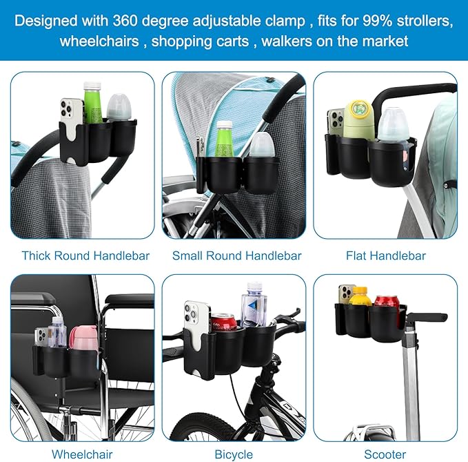 Accmor Stroller Cup Holder with Phone Holder, Bike Cup Holder, Universal Cup Holder for Uppababy Nuna Doona Strollers, 2-in-1 Cup Phone Holder for Stroller Bike Accessory