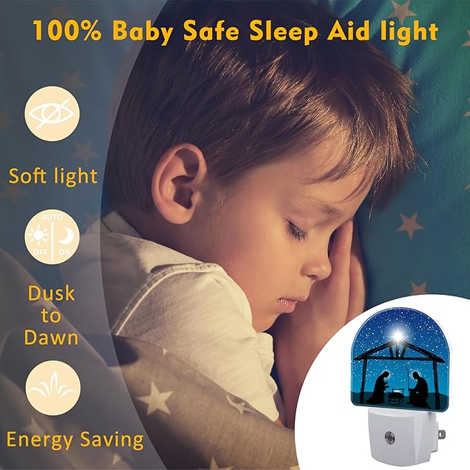 Nativity Night of Jesus Night Light for Kids,Christmas Christian Jesus Plug in Night Light with Dusk to Dawn Sensor, 0.5w Energy Saving Nightlight for Hallway Stairway Kitchen Bedroom