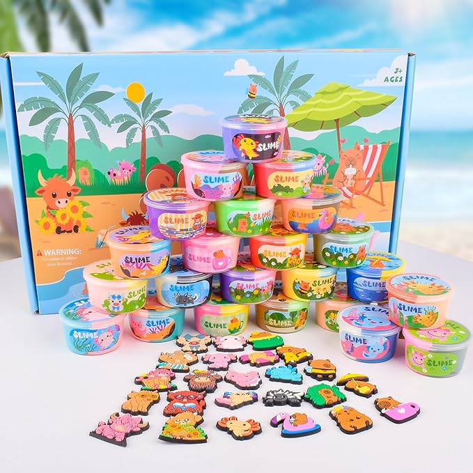 24 Pack Axolotl Butter Slime Kit, Highland Cattle Capibara Slime, Internet Popular Animal Slime Charms, Soft Slimes, Stress Relief Toys for Kids, Party Favors for Toddlers Teens Girls and Boys
