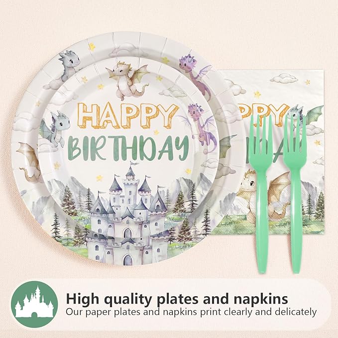 96Pcs Dragon Baby Shower Party Decorations A Little Dragon is Turning One Plates and Napkins Cartoon Dinosaur Theme Tableware Sets for Kids 1st Welcome Baby Birthday Party Supplies Serves 24