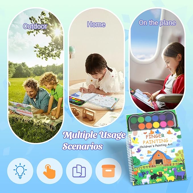 Finger Paint, Finger Painting for Toddlers, Hardcover Travel Finger Paint Kit Include 12 Colors Ink Pad Finger Painting Activity Book, Portable Sensory Activity Develops Creativity, Travel Busy Book for Kids