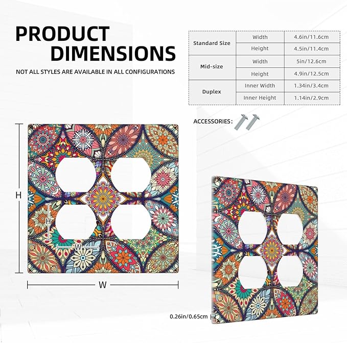 Boho Floral Pretty Colorful Mandala Flowers Outlet Covers 2 Gang Double Duplex Decorative Light Switch Covers Electrical Wallplates Socket Faceplate for Bedroom Living Room Decor