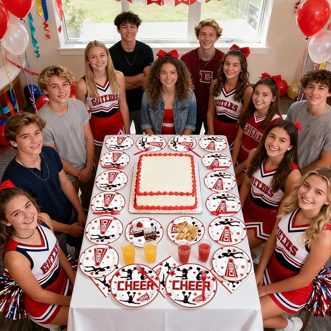 96Pcs Cheer Party Decorations Cheerleader and Loudspeaker Plates and Napkins Red Black White Sports Gymnastics Tableware Set for Girls' Cheer Birthday Ceremony Graduation Party Supplies Serves 24