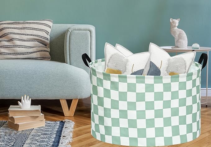 MAIZMZ Sage Checkered Storage Basket Extra Large 80L Kids Hamper Baby Laundry Basket Waterproof Toys Car Organizer Collapsible Canvas for Home/Dorm/Pet/Office/Closet/Shelf/Gift Baskets