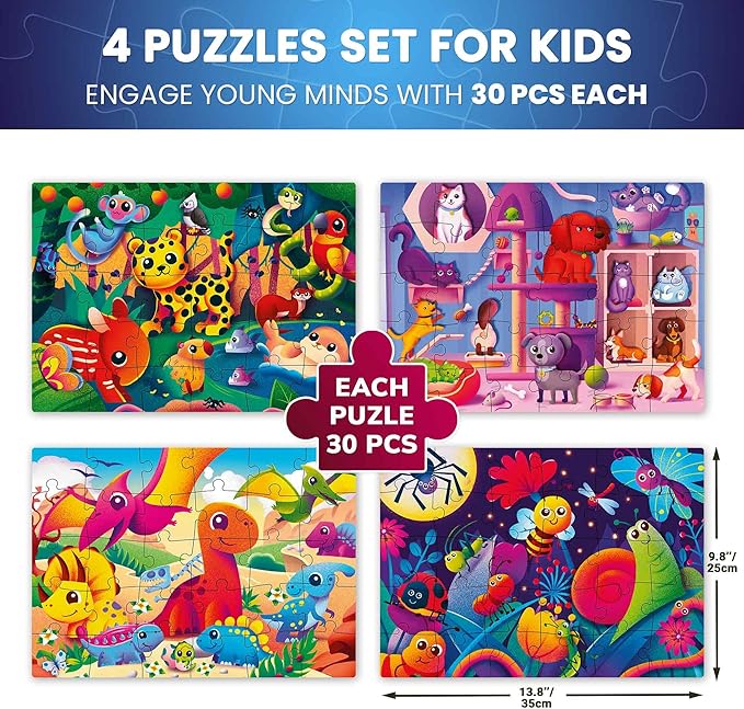 QUOKKA Puzzles for Toddlers 4-6 – 4x30 Pieces Puzzles for Kids Ages 3-4 – Glow-in-The-Dark Dinosaur & Animals Learning Jigsaw Puzzle for Kids 3-5 Years Old