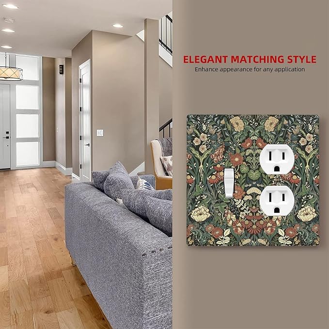 Wallplates Vintage Dark Floral William Morris Green Flower 1 Toggle 1 Duplex Switch Plate Electrical GFCI Faceplate Decorative Light Switch Covers for living Room Home Decor