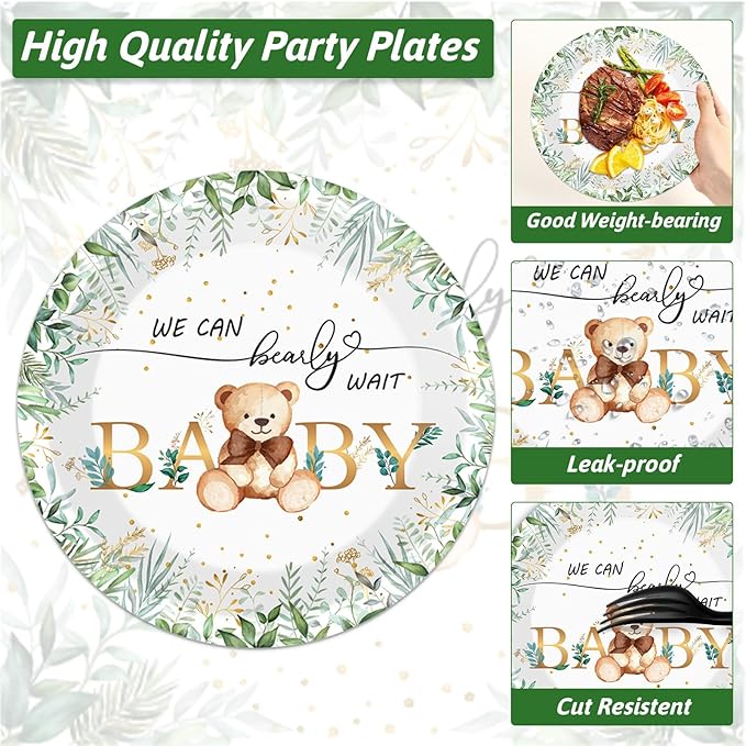 Naozinebi 200PCS Sage Green Bear Baby Shower Decoration Teddy Plates Napkins We Can Bearly Wait Paper Plates Greenery Bear Party Tableware Set for Gender Reveal Neutral Party Decor Supplies Serves 50