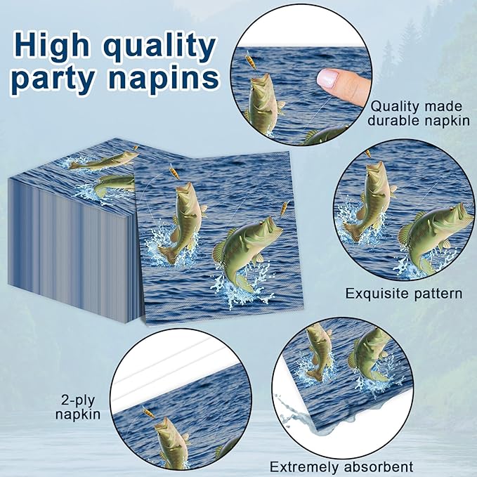 Gone Fishing Party Decorations Fishing Tableware Set Gone Fishin' Plates Napkins Disposable Table Cover Fishin' Dinnerware for True North Vbs Decorations Fish Themed Tournament Birthday Party Supplies
