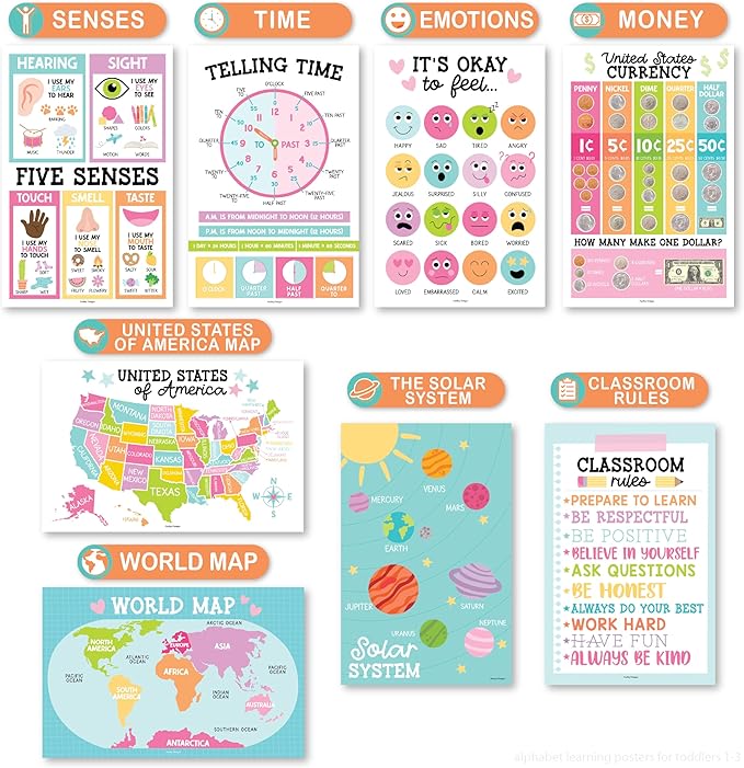 Hadley Designs 16 Educational Posters for Toddler Learning Activities - Alphabet Daycare Essentials, Laminated Pre-K Posters for Toddlers 1-3, Preschool Learning Activities, Pastel Classroom Decor