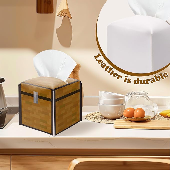 Tissue Box Cover Holder, Treasure Chest Pixel Leather Tissue Box Cover Square, Paper Napkins Everyday Dispenser for Bathroom Night Stands Kitchen Office Home Pixel Theme Decor