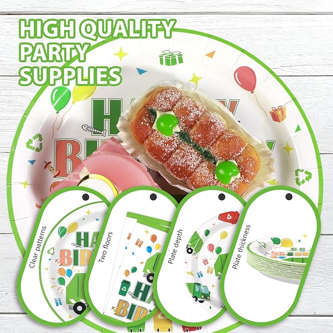 Grencian 96Pcs Trash Truck Birthday Decoration - Garbage Truck Plates and Napkins Trash Party Disposable Tableware for Kids Boys Recycling Rubbish Birthday Party Decorations Serves 24