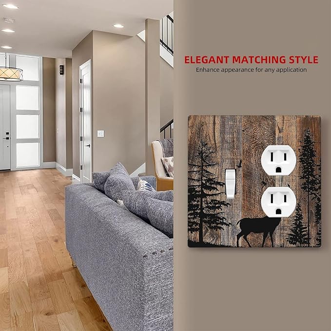 Wallplates Rustic Forest Antler Elk Deer Silhouettes Animals Wood Grain 1 Toggle 1 Duplex Switch Plate Electrical GFCI Faceplate Decorative Light Switch Covers for Farmhouse Home Decor