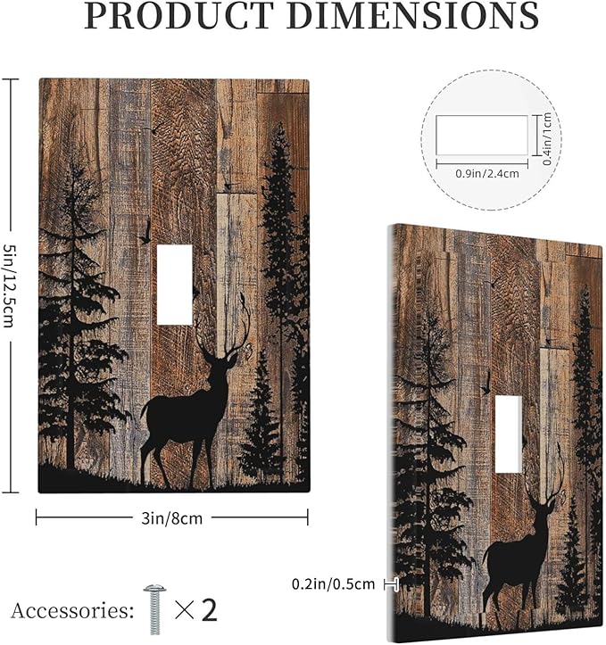 Decorative Light Switch Cover Rustic Forest Antler Elk Deer Silhouettes Animals Wood Grain 1 Gang Single Toggle Decorator Outlet Wall Plate Device Electrical Faceplate Switchplates for Farmhouse