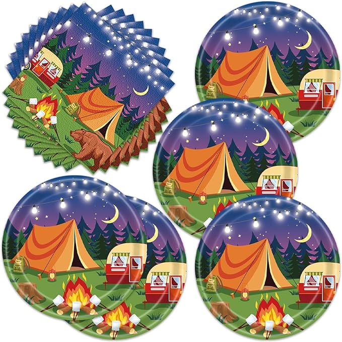 40pcs Camping Party Supplies Campfire Hiking Camper Theme Birthday Paper Plates and Napkins Set for Boys Kids Campfire Barbecue Birthday Party
