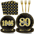 96PCS 80th Theme Birthday Party Tableware Vintage 1946 Party Supplies 80 Year Old Birthday Decorations Plates Napkins Forks Black and Gold Dinnerware Favors for Men or Women