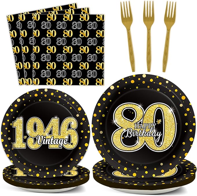 96PCS 80th Theme Birthday Party Tableware Vintage 1946 Party Supplies 80 Year Old Birthday Decorations Plates Napkins Forks Black and Gold Dinnerware Favors for Men or Women
