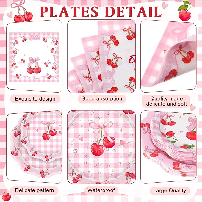 Pickmesh 194 Pcs Cherry Party Decorations for 24, Pink Cherry Bow Paper Plates and Napkins Cups Tablecloth Cutlery Coquette Gingham Tableware Set for Baby Shower Birthday Party Supplies