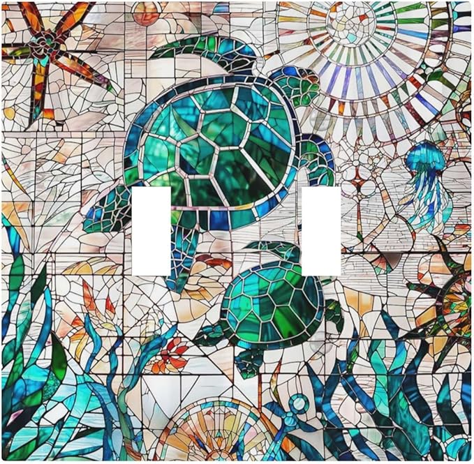 Nautical Teal Green/Blue Sea Turtles Beach Double Toggle Wall Plate Tropical Summer Hawaiian Ocean Marine Starfish Decorative 2-Gang Light Switch Cover Electrical Receptacle Outlet Face Plate Cover