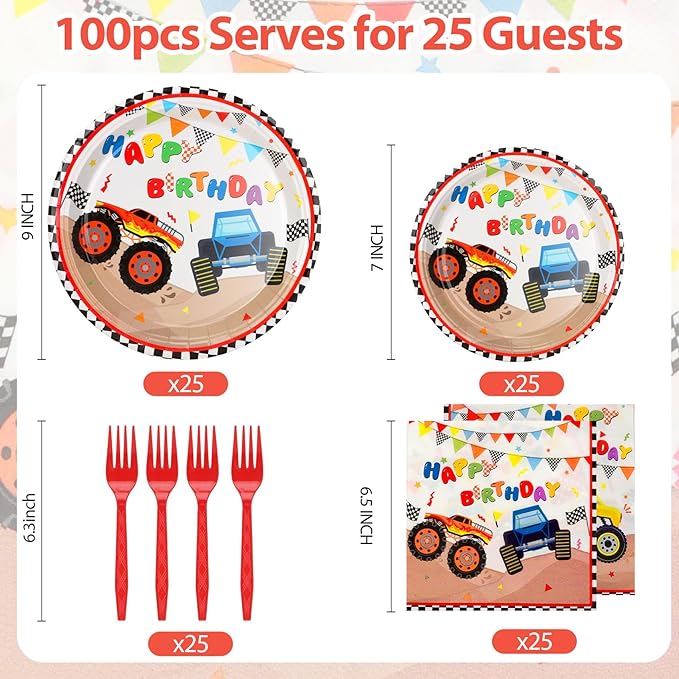 100 Pcs Monster Truck Party Plates and Napkins Set – Disposable Monster Theme Plates,Napkins,and Forks for Boys Birthday Parties and Truck-Themed Celebrations – Serves 25