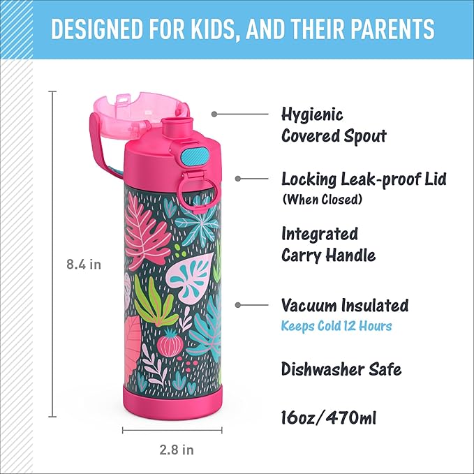 THERMOS FUNTAINER 16 Ounce Stainless Steel Vacuum Insulated Bottle with Wide Spout Lid, Tropical Foliage