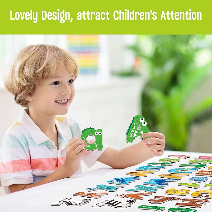 52 Magnetic Alphabet, 26 Uppercase & 26 Lowercase Letters, Adorable Animal Shape Alphabet ABC Magnets for Fridge Educational Spelling Learning Games Toys Set for Kids, Toddlers 3 4 5 Years Old
