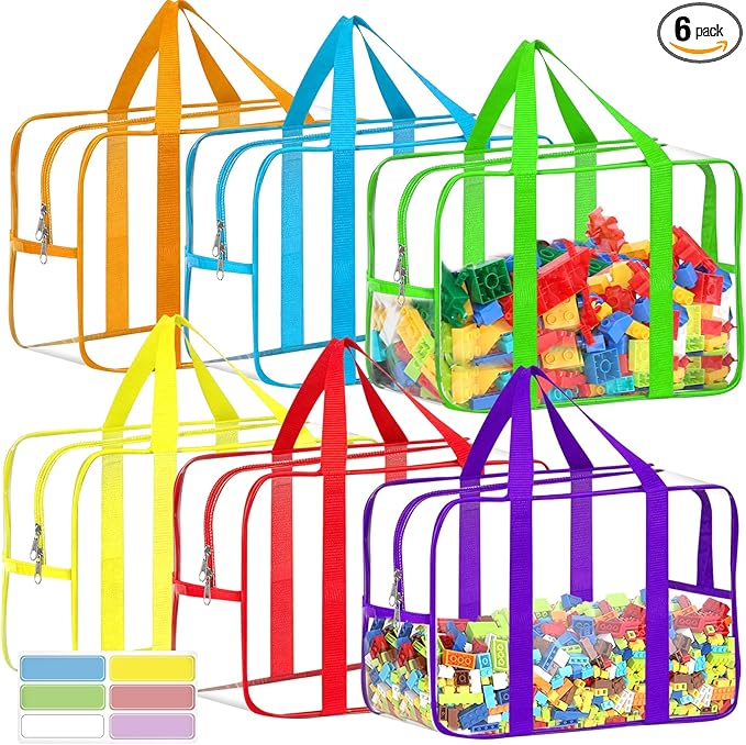 6 Color XXL Toy Storage Bags 16.5×11.8×6.8In with Labels, Large Capacity Reusable Clear PVC Storage Bags, Travel Waterproof Organizer Bags with Double Zipper