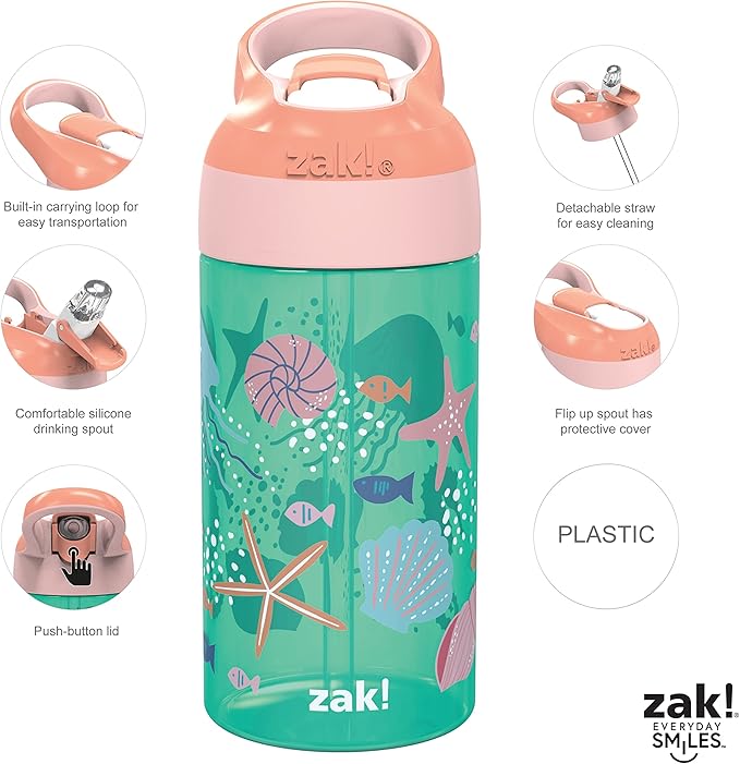 Zak Designs 16oz Riverside Kids Water Bottle with Spout Cover and Built-in Carrying Loop, Made of Durable Plastic, Leak-Proof Water Bottle Design for Travel (Unicorn & Shells, Pack of 2)