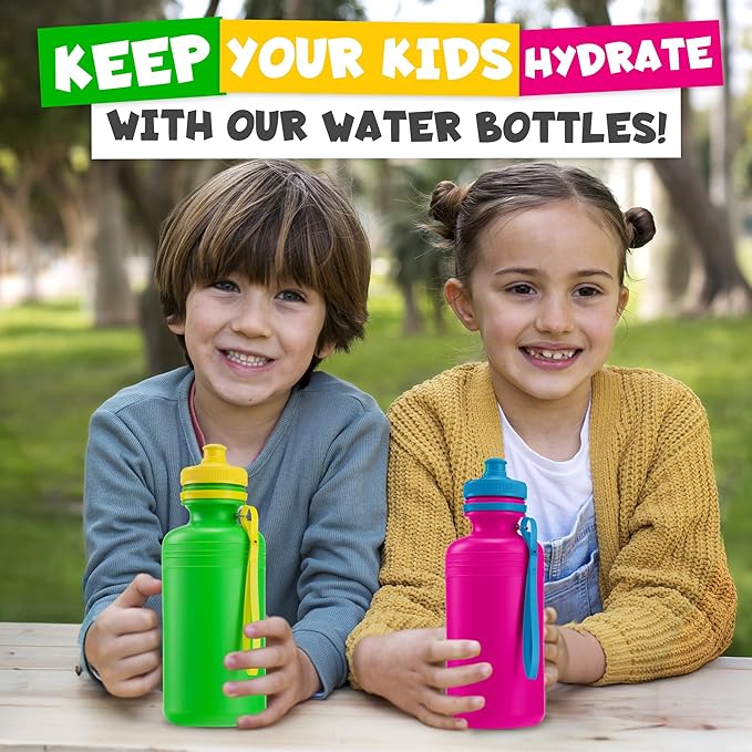 Bedwina Bulk Water Bottles For Kids - (Pack of 12) 18 Oz - 7.5 Inch BPA-Free Plastic with Pop-up Tops & Handles for Sports, Summer, Reusable Water Bottles Bulk For School