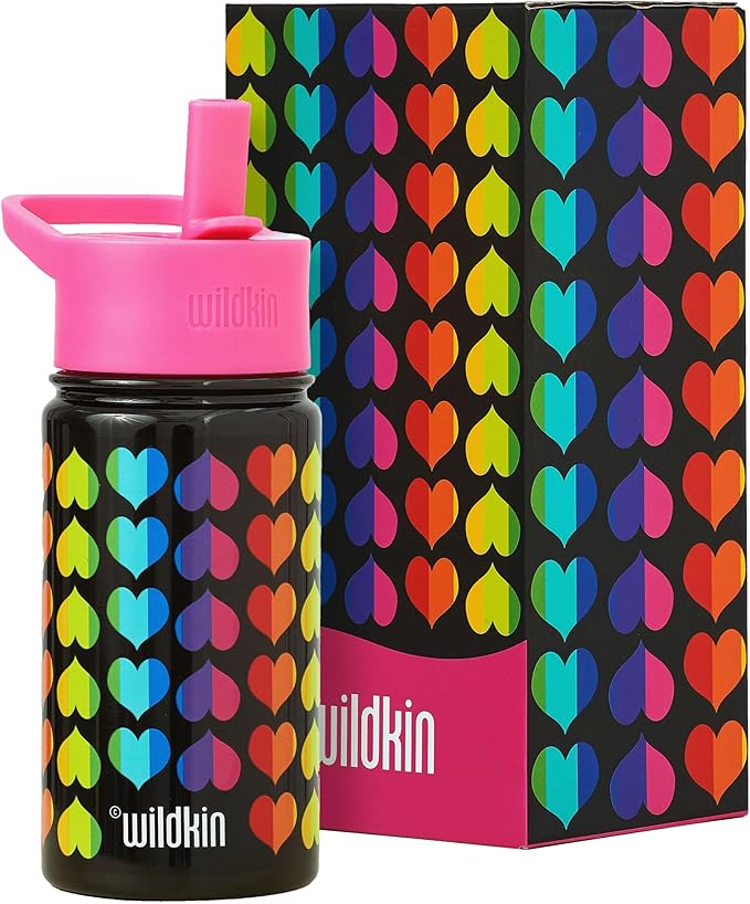 Wildkin Kids 14oz Stainless Steel Water Bottle – BPA-Free, Leakproof, Insulated, Easy-Clean - Rainbow Hearts