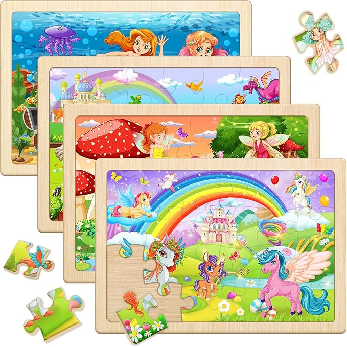 Wooden Puzzles for Kids Ages 4-6, 4 Pack with 24 Pieces Unicorn, Mermaid, Princess, Elf Wooden Puzzles for Toddlers Set, Educational & Learning Puzzles, Gifts for 3 4 5 6 Year Old Boys Girls